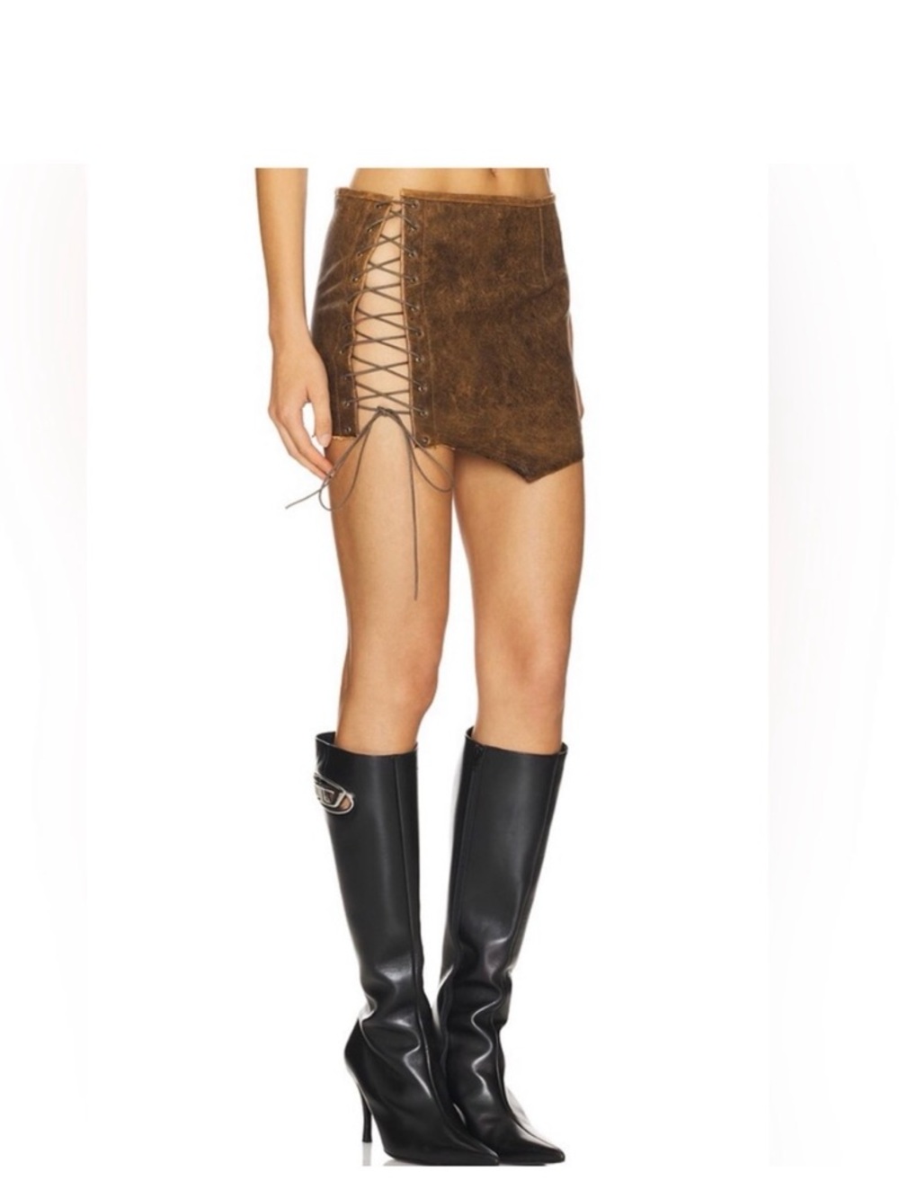 1XBLUE Leather Lace Up Skirt in Brown is a mini skirt